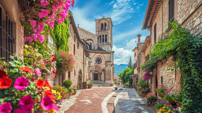 Fototapeta Romanesque cathedral with round arches and heavy stone construction, nestled in a quaint European village with cobblestone streets and blooming flowers