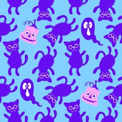 Halloween cats seamless cartoon animals pattern for wrapping paper and fabrics and linens and kids