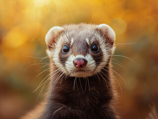 ferret looking directly at the camera, capturing its unique facial features and glossy fur. The background is blurred to emphasize the ferret's face, with natural lighting enhancing the texture and co