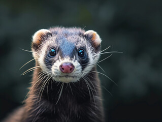 ferret looking directly at the camera, capturing its unique facial features and glossy fur. The background is blurred to emphasize the ferret's face, with natural lighting enhancing the texture and co