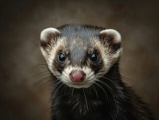 ferret looking directly at the camera, capturing its unique facial features and glossy fur. The background is blurred to emphasize the ferret's face, with natural lighting enhancing the texture and co