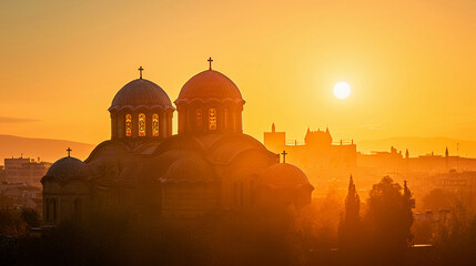 Naklejka premium Byzantine cathedral with domes and mosaics, bathed in the warm light of the setting sun, with the silhouette of a distant city in the background
