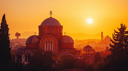 Fototapeta na wymiar Byzantine cathedral with domes and mosaics, bathed in the warm light of the setting sun, with the silhouette of a distant city in the background