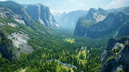 Yosemite National Park featuring El Capitan and Half Dome, with lush greenery, flowing waterfalls, and the Merced River, in sharp