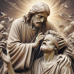 Obraz premium Jesus healing blind man. Concept of divine intervention miracle.