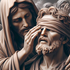 Jesus healing blind man. Concept of divine intervention miracle.