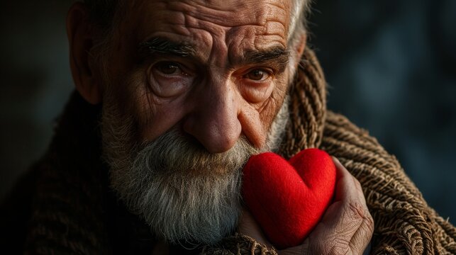 Elderly Man Holds Red Heart in His Hands