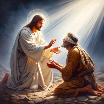 Jesus healing blind man. Concept of divine intervention miracle.