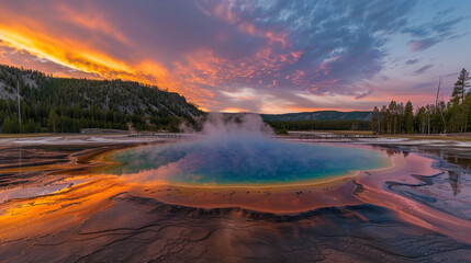 Fototapeta premium Yellowstone National Park, with vivid colors reflecting in the Grand Prismatic Spring, wildlife in the foreground, and a serene, natural landscape