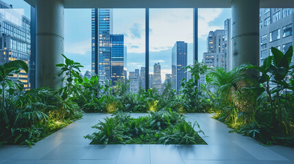 An open square floor adorned with greenery, set against the backdrop of a city skyline and buildings. Generative AI