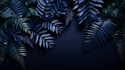 Fototapeta na wymiar Dark blue abstract tropical leaves texture background with copy space
