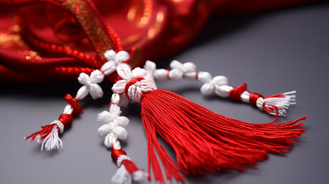 Martisor, red and white, yarn floss thread, holiday of welcoming spring in Moldova and Romania, celebrated on March , tradition give boutonnieres in the form of flowers Baba Marta.