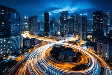 Vibrant city intersection with bright lights and energetic traffic captured in aerial view