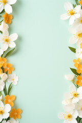 Borders of white and yellow flowers on green background. Spring pastel motif in flat lay. Springtime, easter and nature concept. Design for greeting cards, templates and invitations. With copy space