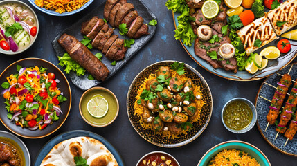 Assorted of Arabic oriental dishes. top view with close up . Ai Generative