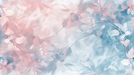 Fototapeta premium a painting of pink and blue leaves on a white and blue background with a pink and blue border over the top of the image and bottom half of the image.