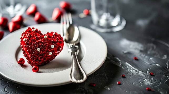 Fototapeta Banner. Festive table setting. Heart on a fork close-up. Holiday concept. Valentine's Day. Copy space for inscriptions