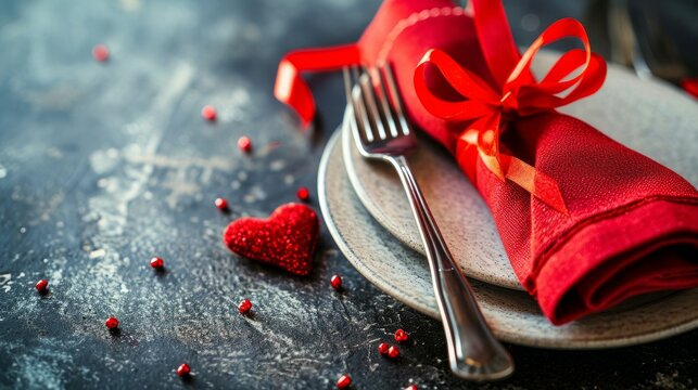 Fototapeta Banner. Festive table setting. Heart on a fork close-up. Holiday concept. Valentine's Day. Copy space for inscriptions