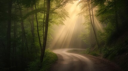  a dirt road in the middle of a forest with sunbeams shining through the trees on either side of the road is a dirt road that leads to a forest with lots of trees on both sides.