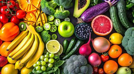 Assortment of fresh organic fruits and vegetables in rainbow colors. Ai Generative