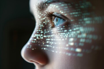 Concept of Artificial Intelligence or AI, Human face with binary codes, dots and lines - AI Generated