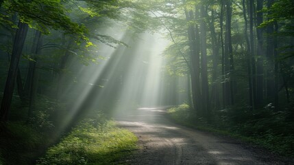 Fototapeta premium a dirt road in the middle of a forest with beams of light coming from the trees on either side of the road and on the other side of the road.