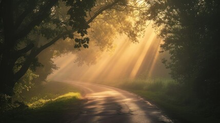  a dirt road in the middle of a forest with sunbeams shining through the trees on either side of the road is a tree lined road with grass and bushes on both sides.