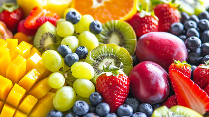 Naklejka na ściany i meble Assortment of healthy raw fruits and berries platter background. Ai Generative