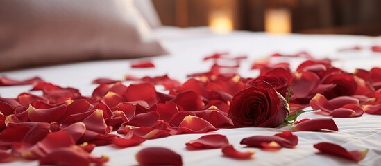 Rose flower and her petals on the bed in the bedroom romantic atmosphere. Generate AI image