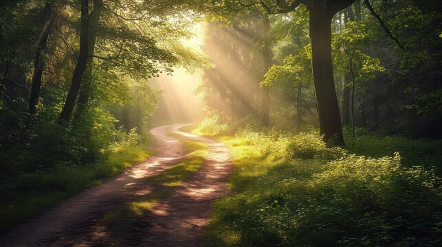 a dirt road in the middle of a forest with sunbeams shining through the trees on either side of the road is a dirt path with green grass and trees on both sides. © Anna