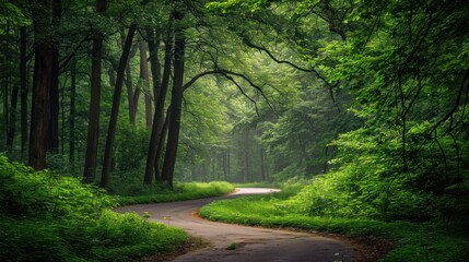 Fototapeta premium a road in the middle of a forest with trees on both sides of it and a winding road in the middle of the forest with trees on both sides of it.