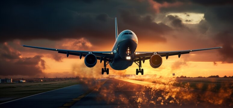 Modern airplane take off from the airport to the sky at sunset view. Generate AI image