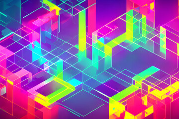 Obraz premium Neon 3D Labyrinth Grid Abstract. Eye-catching 3D neon labyrinth with a holographic grid, ideal for modern tech and gaming designs.