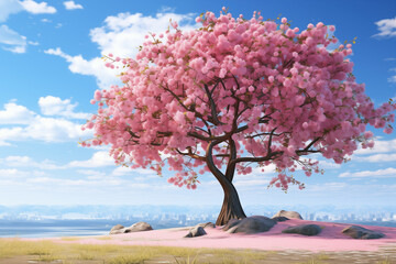 A beautiful cherry blossom tree with pink flowers and a blue sky