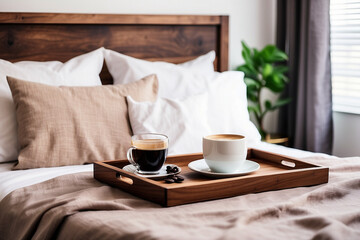 Fototapeta na wymiar Wooden tray with coffee and interior decor on the bed with white linen. Copyspace image. Header for website template