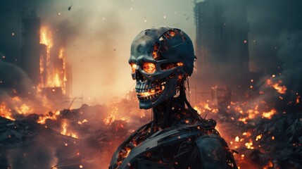 World war destruction concept. Artificial intelligence robot in the destroyed city. Fire and devastation. AI Generated