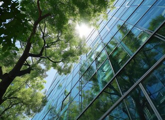 View of trees in front of a glass building against blue sky