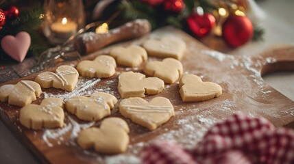 a wooden cutting board topped with cut up heart shaped cookies next to a wooden spatula and a christmas tree with red and gold baubs in the background.