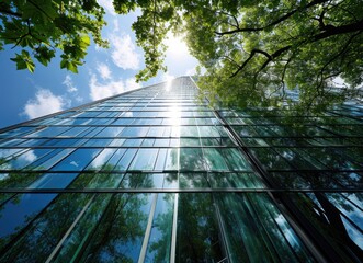 View of trees in front of a glass building against blue sky