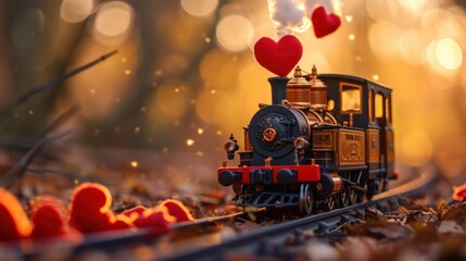 A whimsical setup of a small toy train with heart shaped smokes coming out of its engine, ready to deliver love and joy this Valentine's Day.  - obrazy, fototapety, plakaty