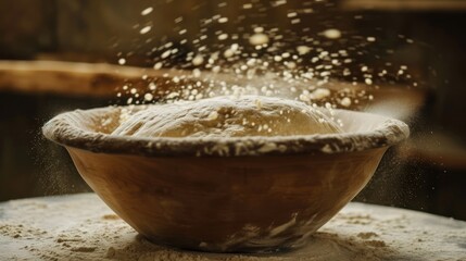  a wooden bowl filled with flour and sprinkles of flour on top of a wooden table next to a wooden bowl with a wooden chair in the background.
