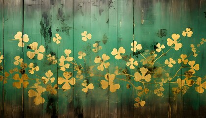 Rustic charm meets festive luck with golden and green shamrocks strewn across a vintage wooden background - obrazy, fototapety, plakaty