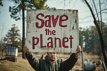 Young protestor with a Save the planet sign next to an illegal logging site