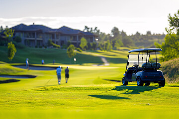 A day at a golf course, nice weather, nice course. Golf cart in front, golfers walking to the green.
