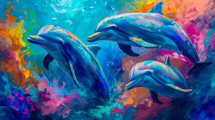 Fototapeta na wymiar Painting of Three Dolphins Swimming in the Ocean
