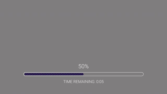 Blue progress bar, loading bar or charge bar, percent progress and 10 seconds time remaining with a countdown on grey background. 
