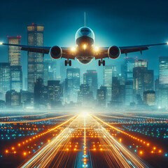 Illustration of a commercial airplane taking off an illuminated runway