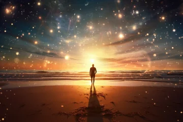 Foto op Canvas NASA provides elements for dreamlike image with man, stars, sun, beach, and alien landscape. © darshika