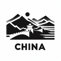 Black and white Illustration of China landmarks with word 'CHINA' written below