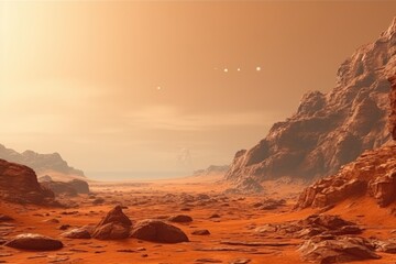 Rusty orange Martian landscape with cliffs and sand. - obrazy, fototapety, plakaty